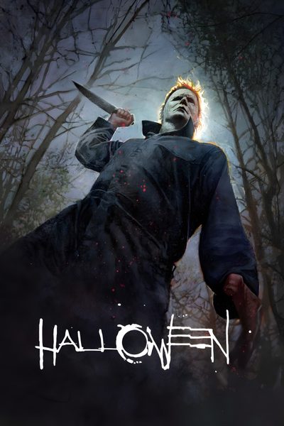 a scary looking man holding a knife in front of some trees with the words halloween on it Halloween 2018 Michael Myers Halloween 2, Halloween 5 Michael Myers, Halloween Michael Myers, dark slate gray