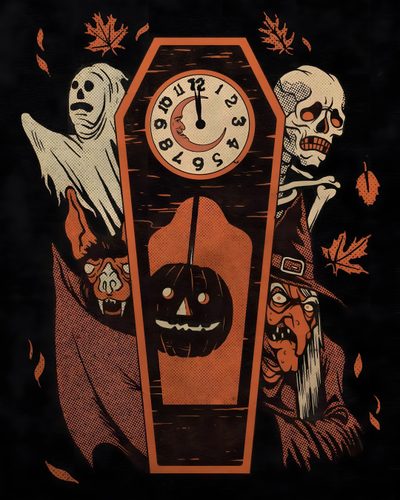 an old clock with skeletons and pumpkins on it Beistle Halloween Vintage Posters Halloween, Halloween Aesthetic Poster, Halloween Poster Aesthetic, black