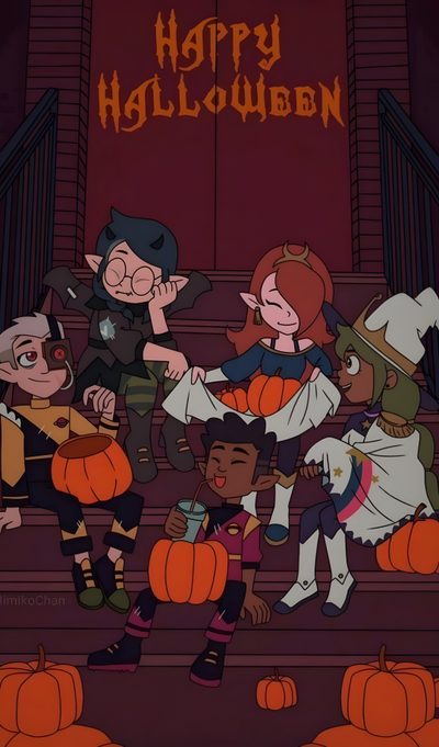 an animated halloween scene with pumpkins on the steps and witches in costumes standing around The Owl House Halloween Arte Van Gogh, Disney Shows, Halloween, Kids Shows, Home, Owl House, dark slate gray