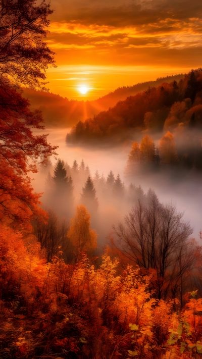 the sun is setting over some trees and fog in the sky, with orange leaves on the ground Halloween Sunrise Fall Images, Image Nature, Leinwand Malerei Ideen, Pretty Landscapes, saddle brown
