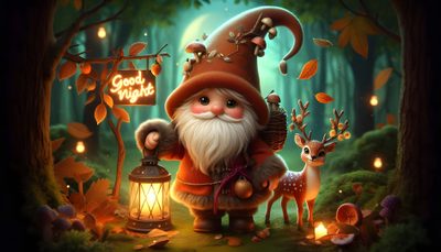 a painting of a gnome holding a lantern in the woods with deers around it Halloween Gnome Desktop Gnome For Computer, Gnome Desktop Background, Halloween Gnome Desktop, dark slate gray