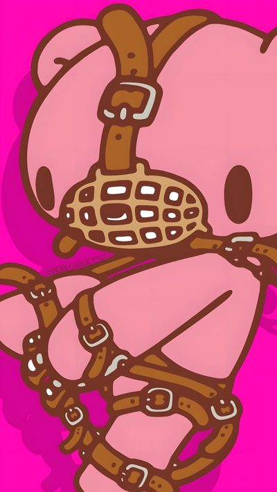 a drawing of a hello kitty holding a waffle in her hand and wearing a harness Gloomy Bear Halloween Gloomy Bear Aesthetic, Gloomy Bear Lockscreen, Gloomy Bear Iphone, hot pink
