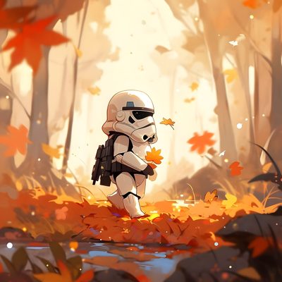 a star wars character is walking through the woods with autumn leaves on the ground and trees in the background Star Wars Halloween Star Wars Autumn, Star Wars Fall, Winter Star Wars, Star Wars Cartoon Background, peru