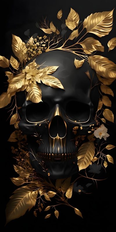 a black skull with gold leaves around it Black And Gold Halloween Colorful Skull Art, Sugar Skull Artwork, Skull Art Drawing, Gothic,