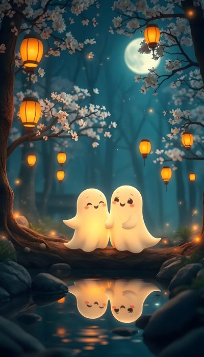 two white ghostes sitting on a log in the woods with lanterns hanging from them Halloween Love Cute Ghost Pictures, Halloween Cute Ghost, Cute Ghost Iphone, Couple Halloween, dark slate gray