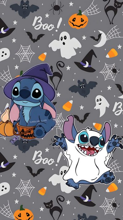 two cartoon characters sitting on top of each other in front of pumpkins and jack - o'- lanterns Halloween Stitch And Angel Iphone, dim gray