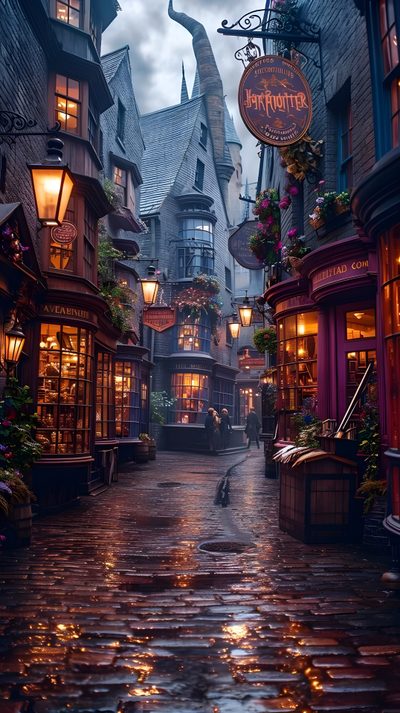 an alley way with lots of buildings and lights on it Harry Potter Halloween Harry Potter Scenery, Diagon Alley Magical World, Diagon Alley, dark slate gray