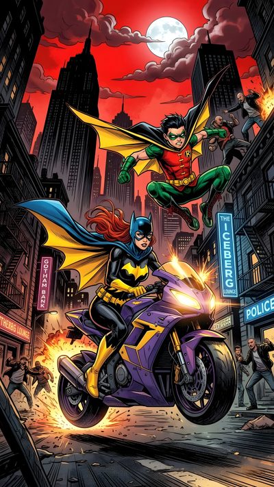 batman and robin wayne riding on a motorcycle in the middle of a city at night Dc Comics Halloween Robin Comics, Batgirl And Robin, Space Ghost, Marvel And Dc Characters, dark slate gray