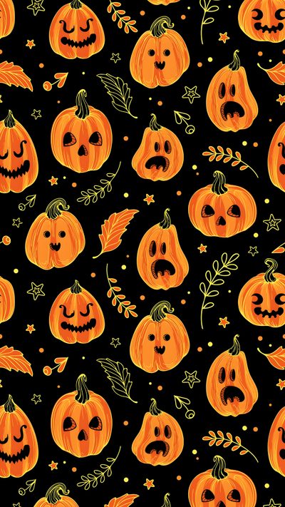 halloween pumpkins with faces and leaves on a black background seamless wallpaper pattern Halloween Pumpkins Cute Jack O Lantern, Calabazas Halloween, Halloween Cute Pumpkin, Jack O Lantern, black