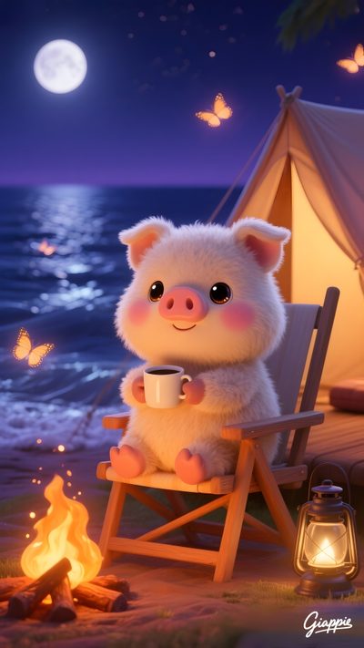 a little pig sitting in a chair next to a campfire with a cup of coffee Cute Halloween Pig Screen Savers, Halloween Animals, Pretty, Cute, Halloween, Cute Animated Pigs, dim gray