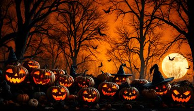 halloween pumpkins with jack - o'- lanterns in the background Hi Res Halloween Halloween Backgrounds, Halloween, Backgrounds Desktop, Fall Vibes, Phone Backgrounds, maroon