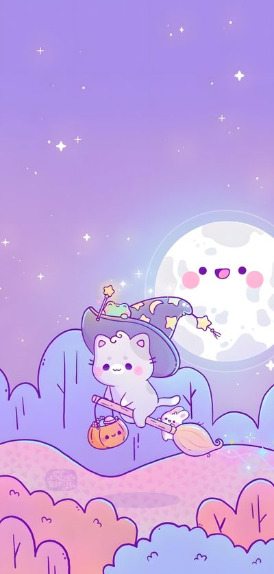 two cats are sitting on a hill with a full moon in the sky behind them Kawaii Cute Purple Halloween Whats, Halloween Cute, Iphone Kawaii, Witchy, Cute Pastel, Images Bonjour, plum