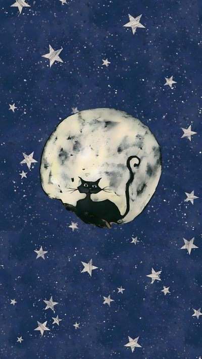a black cat sitting on top of a full moon with stars in the night sky Halloween Star Coraline Aesthetic, Art Iphone, Phone Patterns, Cute Patterns, Cat, dark slate gray