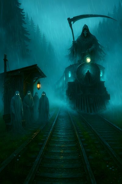 some people are standing in front of a train on the tracks and it is raining Halloween Ghost Train Horror Train, Dark Fantasy Train Art, Fantasy Ghost Train Art, dark slate gray