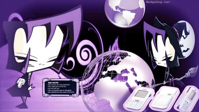 an image of cell phones in front of a purple background with cartoon characters and globe Invader Zim Halloween Invader Zim Banner, Zim Pfp, Scene, Invader Zim, Computer, slate blue