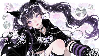 an anime character with long hair and black clothes sitting on the floor wearing goth clothing Desktop Kuromi Halloween Desktop Everyday Art, Purple Aesthetic, Beautiful Artwork, Aesthetic Anime, dark gray