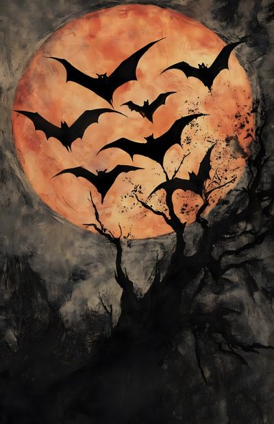 a painting of bats flying in front of a full moon Aesthetic Halloween Bats Bats Halloween, Bat And Moon Art, Bats In Moon, dark slate gray