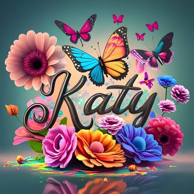 colorful flowers and butterflies with the words kaly on it's back ground, in front of a blue background Katy Name Name Backgrounds For Halloween Kathy, Cathy Name Design, Kathy Name, Kate Name Art, dim gray