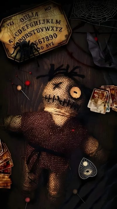 an image of a creepy doll surrounded by other items Halloween Voodoo Doll Voodoo Background, Voodoo, Ouija Fondos, Voodoo Dolls Aesthetic, Voodoo Aesthetic, black