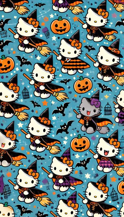 hello kitty halloween wallpaper with pumpkins, cats and bats on blue background for the holiday season Blue Hello Kitty Halloween Hello Kitty Halloween, Blue Hello Kitty Halloween, Halloween Kitty,