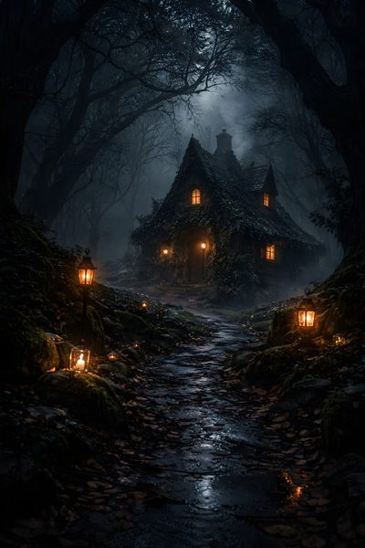 a house in the woods with lanterns lit up Halloween Forest House Wicked Witch House, Witch House Aesthetic, Wiccan Wedding, Gothic Cottage, black