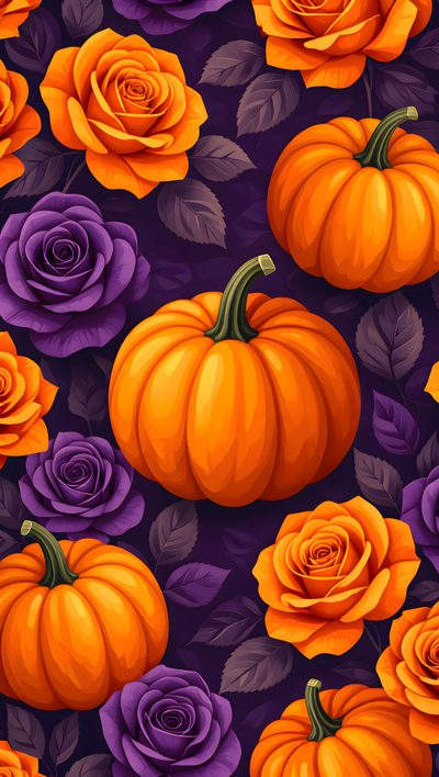 an orange pumpkin surrounded by purple roses and leaves on a dark background with yellow roses Halloween Purple And Orange Purple Halloween, Purple And Orange Flower, Purple And Orange, saddle brown