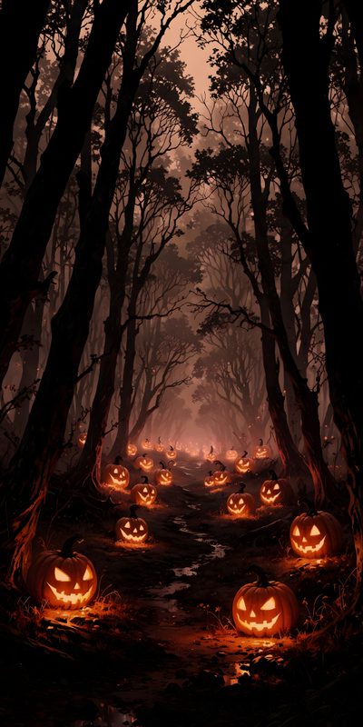 pumpkins lit up in the woods at night Halloween Screen Savers Halloween, Image Halloween, Halloween Iphone Backgrounds, Halloween Backgrounds, black