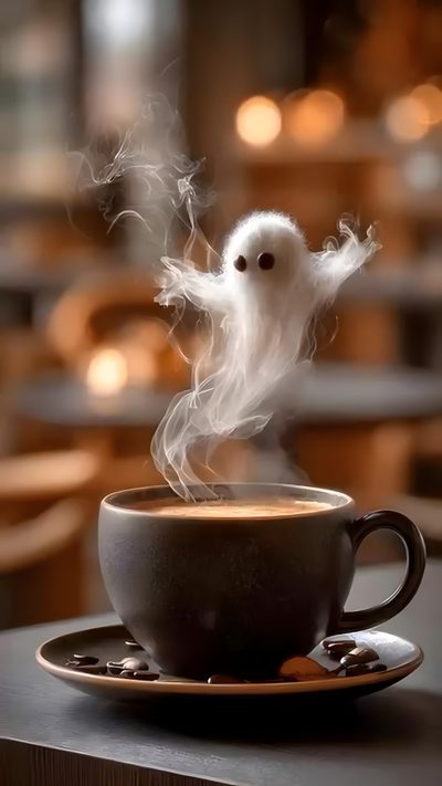 a white bird sitting on top of a cup of coffee Halloween Coffee Happy Halloween Pictures, Coffee Steam, Good Morning Funny, dark olive green