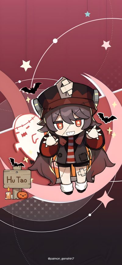 an anime character is standing in front of a pink background with stars and bats on it Genshin Impact Halloween Hu Tao Ghost, Halloween Genshin, Genshin Pfp Halloween, Genshin Halloween Art, sienna