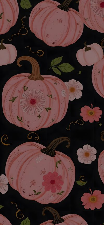 a black background with pink pumpkins and flowers Halloween Peach Springoween, Phone Homescreen, Pink Fall, Halloween Backgrounds, saddle brown