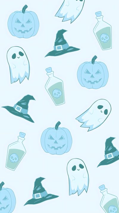 halloween seamless wallpaper with pumpkins, ghost and bottles in blue on a white background Halloween - Ghost Mood - Aqua Light Blue Halloween, Blue Halloween Aesthetic, Light Blue Halloween Aesthetic,