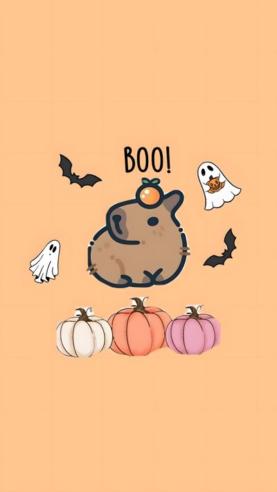 a cartoon animal surrounded by pumpkins and bats Capybara Halloween Cute Cows, Phone Backgrounds, Cute Halloween, Cute, Cow, Halloween, burlywood