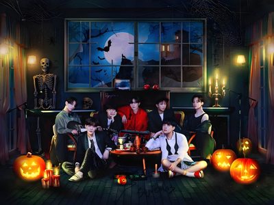 a group of people sitting around a table in front of pumpkins and jack - o'- lanterns Bts Halloween Laptop Bts Pumpkin Painting, Bts Pumpkin Carving, Halloween 1978 Bts, Bt21 Halloween, black