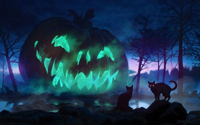 two cats standing in front of a glowing pumpkin Bing Halloween Halloween Cats Laptop, Halloween Laptop Scary, Hd Halloween Desktop, midnight blue