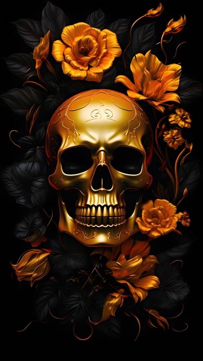 a skull with flowers on it's head and leaves around the face, in gold Black And Gold And Orange Halloween Colorful Skull Art, Sugar Skull Artwork, Skull Art Drawing, Gothic,