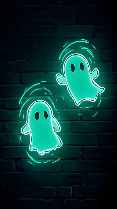 two ghost shaped neon signs on a brick wall Halloween - Ghost Mood - Aqua Cool Ghost, Cute Green Ghost, Blue Ghost, Green Ghost, Neon Ghost Drawing, black