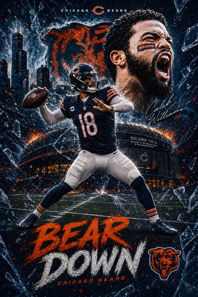 the chicago bears'bear down poster is featured in front of an image of a football player Chicago Bears Halloween Chicago Bears, Michael Jordan Art, Chicago Bears Logo, Chicago Bears Football, black