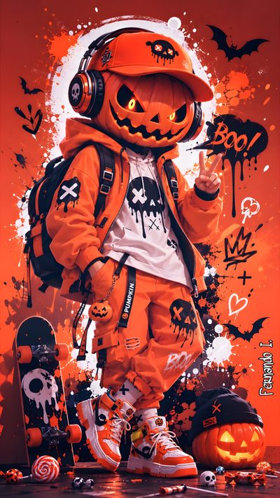 a kid dressed up as a pumpkin with headphones on and holding a skateboard Cool Boy Halloween Halloween Street, Mens Halloween Costumes, Scenery, Phone Backgrounds, Halloween Diy, brown