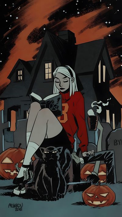 a woman sitting on top of a black cat in front of a house with pumpkins Show Me Halloween Bd Pop Art, Sabrina Witch, Halloween Backgrounds, Halloween Tattoo, dark slate gray