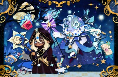 an image of a painting with many things in the sky and stars around it, including a wizard Crk Halloween Milk Cookies, Cookie Run, dark slate gray