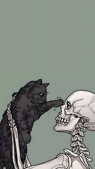 a black cat sitting on top of a human skull next to a skeleton with its head in Halloween Skeleton Cat Halloween Iphone, Edgy, Halloween, Estetika, Halloween Iphone Backgrounds, gray