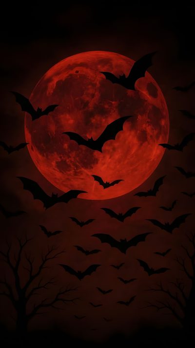 bats flying in front of a full moon Red Halloween Red Halloween Iphone, Red And Black Halloween, Red And Black Halloween Background,