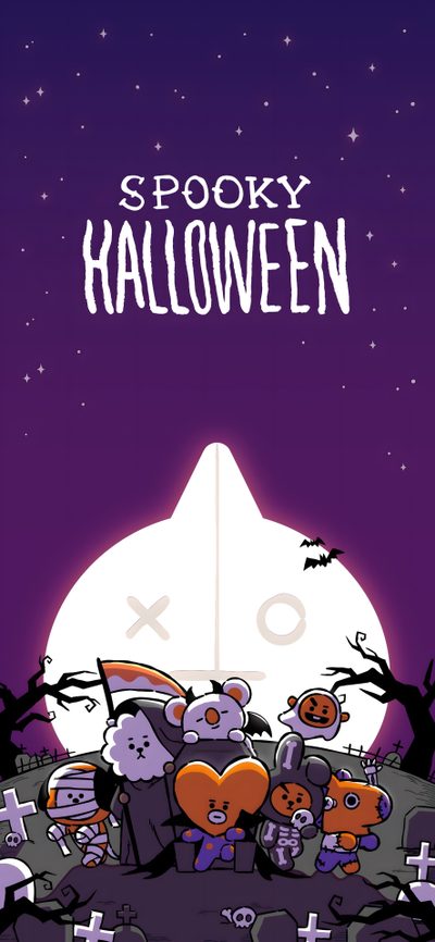 an animated halloween scene with the words spooky halloween Bt21 Halloween Bt21 Autumn, Bt21 Cooky Halloween, Bt21 Christmas, Bt21 Fall, indigo