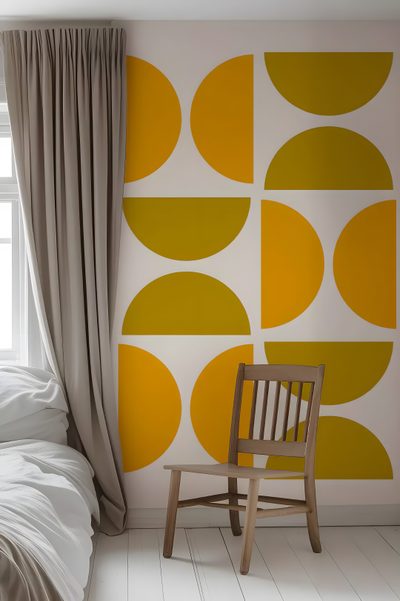 a chair sitting in front of a window next to a wall with circles on it Halloween Circle Geometric In Ochre Mid Century Modern, Modern, Retro Mid Century, Old, gray