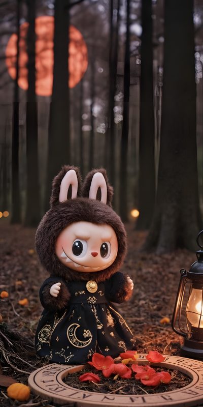 a stuffed animal is sitting next to a lantern in the woods with leaves on it Halloween Labubu Halloween, Flickering Candles, High Quality, Pointed Ears, Spooky Designs, dark slate gray