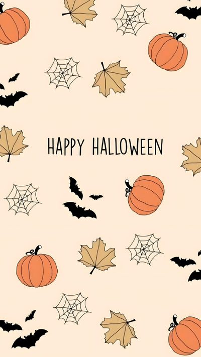a halloween card with pumpkins, bats and spider web on the bottom right corner Halloween School Appropriate Iphone For Halloween, Backgrounds For Halloween, Cute Halloween Aesthetic, papaya whip
