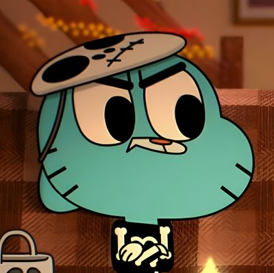 an animated cartoon character standing in front of a lit candle and looking at the camera Gumball Halloween Darwin Halloween, Tawog Halloween, Amazing World Of Gumball Halloween, dark olive green