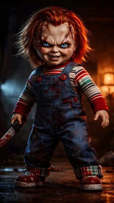 the chucky doll is wearing overalls and holding a knife in it's hand Halloween Scary Chucky Fantasy Creatures Art, Beautiful Art Pictures, Horror Pictures, Horror Artwork, black