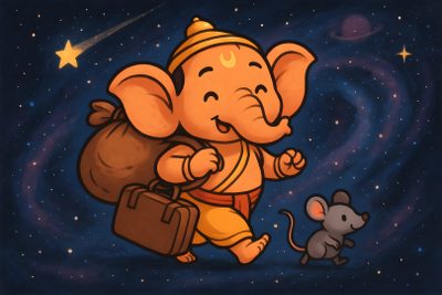 an elephant carrying a bag with a mouse on it's back and stars in the background Ganesh Halloween Ganesha Tattoo, Ganesha, dark slate gray