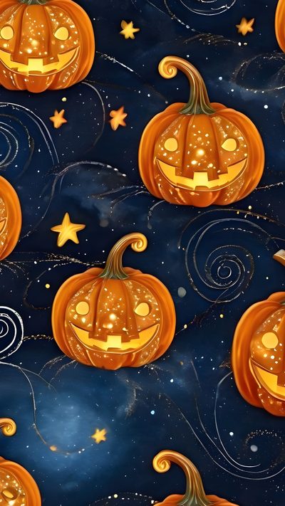 an image of halloween pumpkins with stars on the night sky in this seamless background Halloween Pumpkins And Stars Scattered Pumpkin Background Art, 4 Pumpkins Staggered On Blue Dotty, Pumpkin Backgrounds For Halloween, black